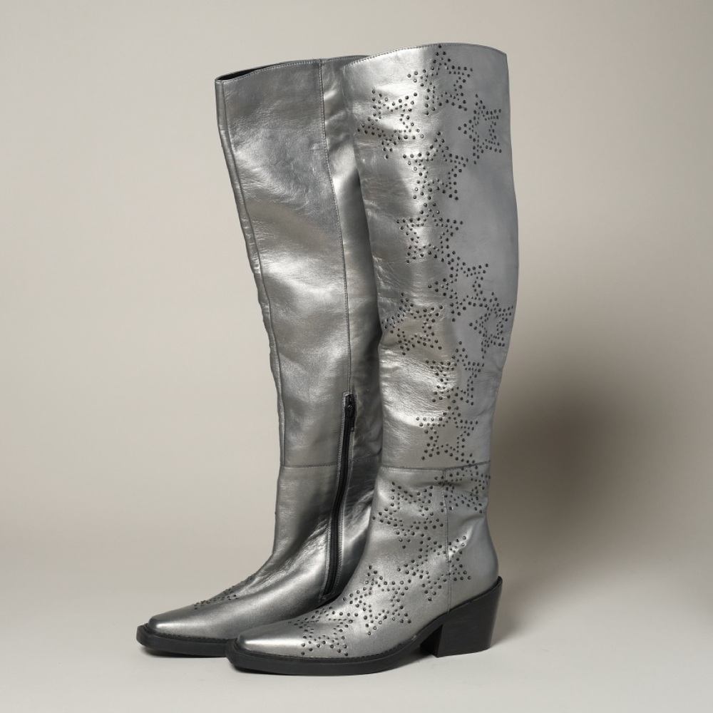 Nasty Gal Genuine Leather Star Studded Over The Knee BootsGunmetal - US size 8